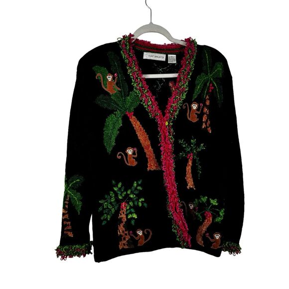 That Sweater Monkey Cardigan Sweater Wearable Art Neon Retro Womens Size XL - Picture 1 of 6